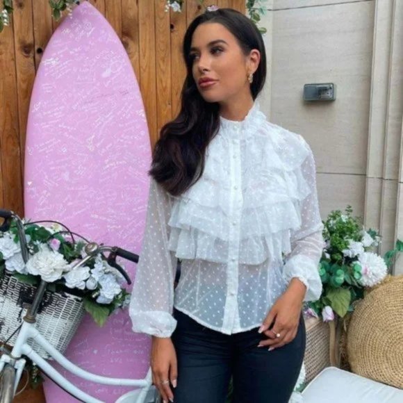 White Polka Dot Long Sleeve High Neck Ruffle Blouse Top - Picture 9 of 15